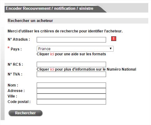 Procédure de déclaration de facture impayée Atradius avec Serv@Net : sélection de l'acheteur