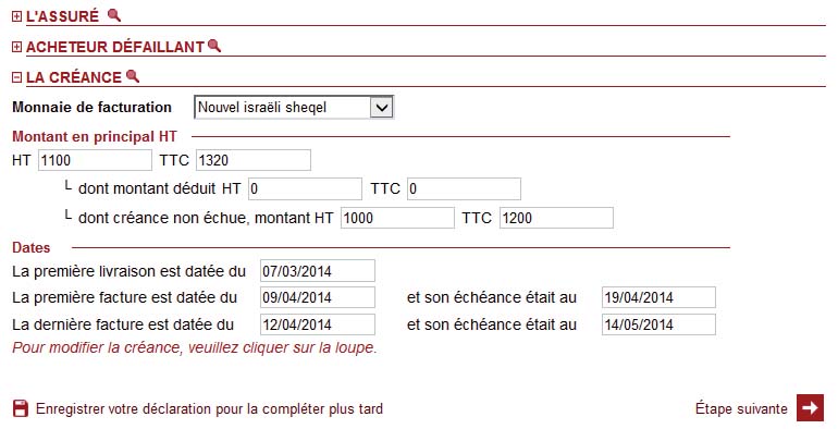 Procédure de déclaration de facture impayée avec GROUPAMA ASSURANCE CREDIT - afficher les données de synthèse du sinistre