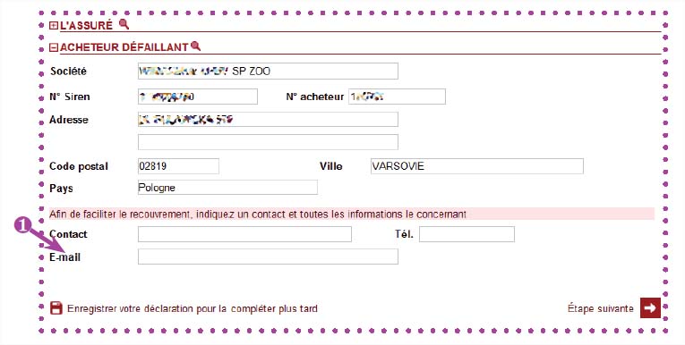 Procédure de déclaration de facture impayée avec GROUPAMA ASSURANCE CREDIT - LA ZONE ACHETEUR DEFAILLANT EST RENSEIGNEE