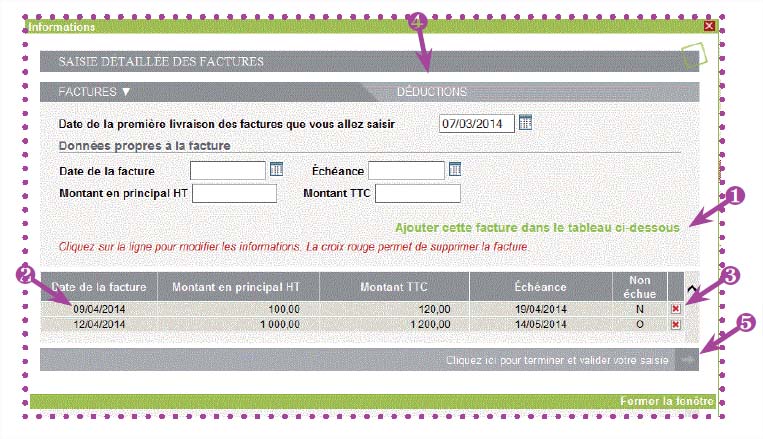 Procédure de déclaration de facture impayée avec GROUPAMA ASSURANCE CREDIT - Saisir les factures et les déductions